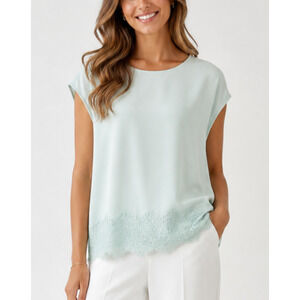 Chicos Black Label Silk Seafoam Lace Shell Top M Keyhole Back Cap Sleeve Blouse